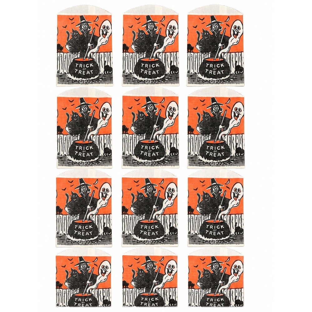 Lot 12 Vintage Halloween Trick or Treat Paper Bags Witch Cat Ghost Candy Bags